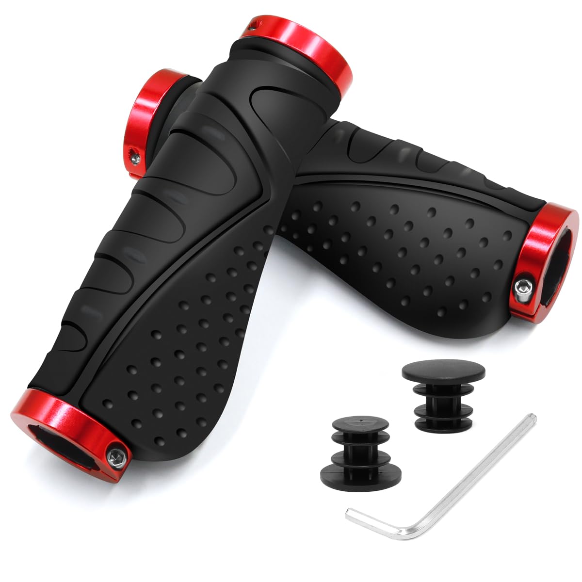 REETEE Bicycle Handlebar Grips Aluminium Screw Double Lock Bike Grips, Ergonomic Non-Slip Rubber Mountain Bike Handlebar Grips 22.2 mm Universal MTB Grips for Scooters/BMX/Road Mountain (Black red)
