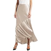 SEBOWEL Women Satin Skirt Silk A Line Swing Ruffle Pleated Cocktail Skirts Silky High Low Tiered Long Maxi Skirt with Split