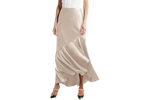 SEBOWEL Women Satin Skirt Silk A Line Swing Ruffle Pleated Cocktail Skirts Silky High Low Tiered Long Maxi Skirt with Split