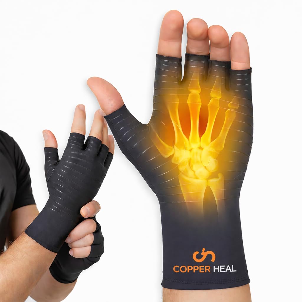 COPPER HEAL Arthritis Gloves Women & Men Pair - Highest Copper Infused Fingerless Compression Gloves Hand Warmers Wrist Supports Rheumatoid Arthritis Pain Relief carpal tunnel wrist splint glove golf