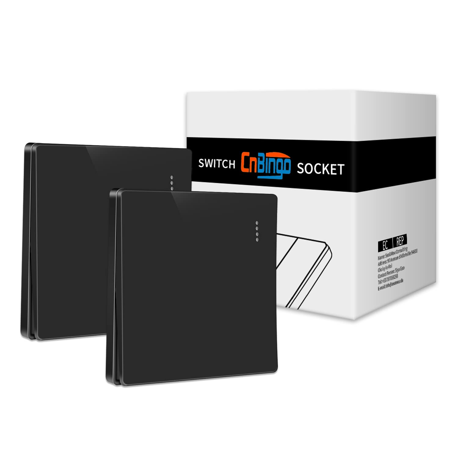 2 Pack CNBINGO Big Rocker Button Switch with Phosphor Dots, Modern Matte Black Wall Plate, Electrical Single Light Switch, 1 Gang 2 Way, 16A 250V