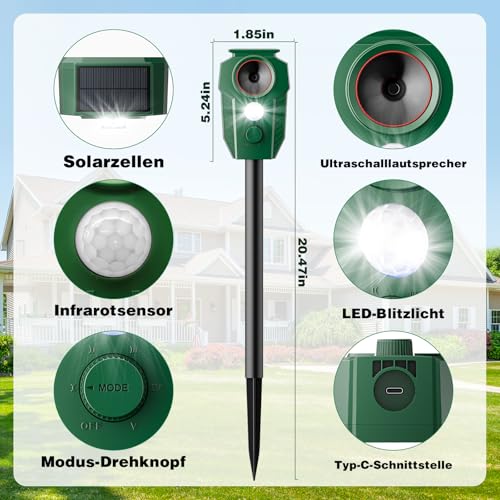 MEKEET Ultrasonic Cat Deterrent for Garden, Solar Cat Repellent, Marten Deterrent, Garden with Flash Light & PIR, IP65 Waterproof, Cat Scarer, Marten Repellent, Bird Repellent for G-Species, Patio