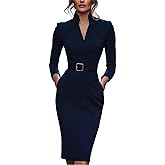 BAVATIMO Women’s Elegant Office Midi Dress Sexy Wrap Deep V Neck Long Sleeve Zipper Dressy Business Work Belted Dresses Dark Blue