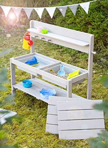 roba Children's Kitchen Sand and Water Fun – Multifunctional – Outdoor Table for Outdoor Activities with 2 Tubs – Lid in Solid Wood Lacquered Grey