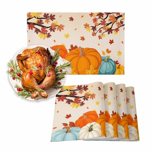 Orange Pumpkin Maple Leaves Placemats Set of 6, Autumn Table Mats for Kitchen Dining Table, Cotton Linen Place Mats for Indoor Outdoor Parties Thanksgiving Decorations