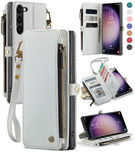 Defencase Compatible with Samsung Galaxy S23 Plus Case Wallet with Card Holder for Women Men, PU Leather Magnetic Snap Flip Zipper Strap Phone Case Fit for Galaxy S23 Plus 5G 6.6", White