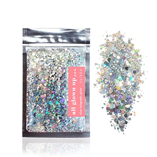 UPC 600150871309, Silver Holographic Chunky Cosmetic Glitter (15g) - Great for Festivals, For Use on Face, Body, Hair, and Nails - by All Glown Up