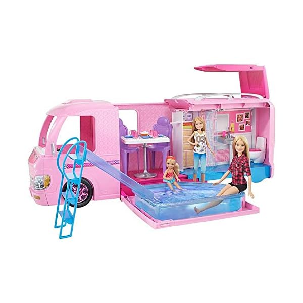 Barbie-FBR34-ESTATE-Dream-Camper-Pink-Pop-Out-Caravan-for-Dolls-Accessories-Included-Playset-Vehicle-Amazon-Exclusive Barbie Dream Camper Playset - Transforming Van with Fold-Out Campsite & Pool - 35+ Accessories - 5 Living Spaces - 2…