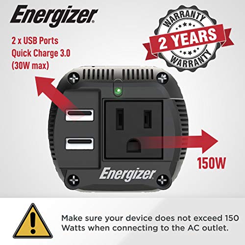 Energizer 150 Watt Dual Power Inverter, DC 12V to 110V AC Converter