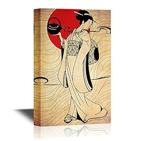 Japanese Culture Canvas Wall Art - Traditional Japanese Woman Dress in Kimono with Teapot - Gallery Wrap Modern Home Art | Ready to Hang - 12x18 inches