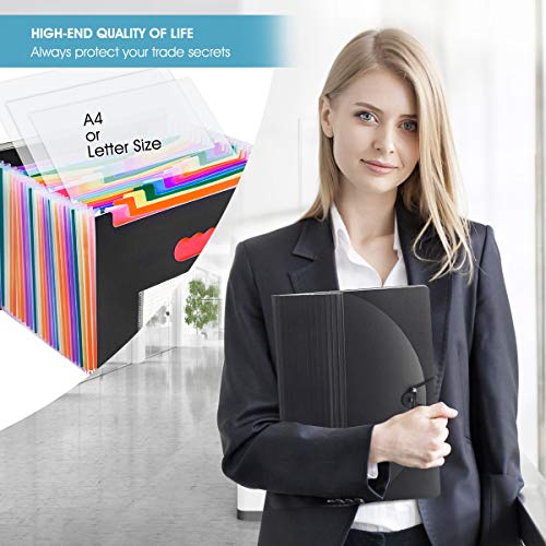 Expanding File Folder 24 Pockets with Cover Accordion File Organizer Portable Rainbow Large Capacity Document Holder A4 Size Letter Paper for Business School Home