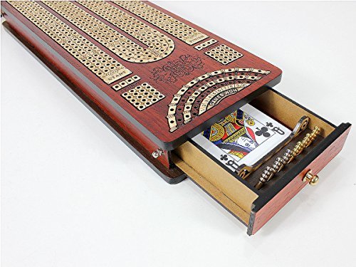 Continuous Cribbage Board Bloodwood / Maple and Side Pull Drawers - 4 Tracks with Place to Mark Won Games - House of Cribbage