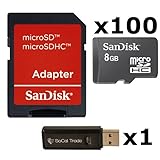 100 PACK - SanDisk 8GB MicroSD HC Memory Card SDSDQAB-008G (Bulk Packaging) LOT OF 100 with SD Adapter and SoCal Trade USB 2.0 MicoSD & SD Memory Card Reader