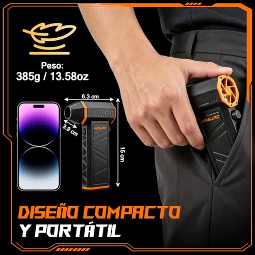 Nasjac Soplador de Aire Inalambrico de 140000RPM(8000mAh), 17 en 1 Plumero de Aire Comprimido Eléctrico, para limpiador Teclado y PC, Teclado, Auto y Asador | 8000mAh, 140000RPM, El motor admite ajuste continuo de velocidad