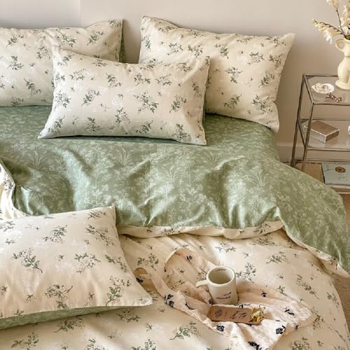 Lanqinglv Bettwäsche 200x220 Baumwolle Blumenmuster,Beige Grün Pflanzen