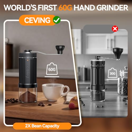 World's First 60g Large Capacity Manual Coffee Grinder, Portable Hand Coffee Bean Mill with 40 Adjustable Settings, Ceramic Conical Burr Grinder for Espresso, Pour Over, Camping, Travel, Gift, etc