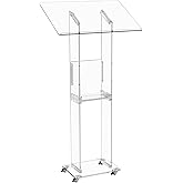 Trmullory Acrylic Podium Stand，47" Clear Podium with Wheels， Wide Reading Desk，Two-Storey Storage Space，pulpits for Churches、Concerts、Classrooms、 Weddings、
