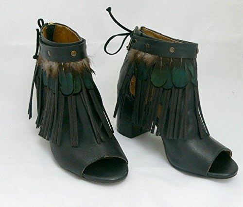 Leather and Feather Fringe Anklet Shoe Cuff in Pheasant Green