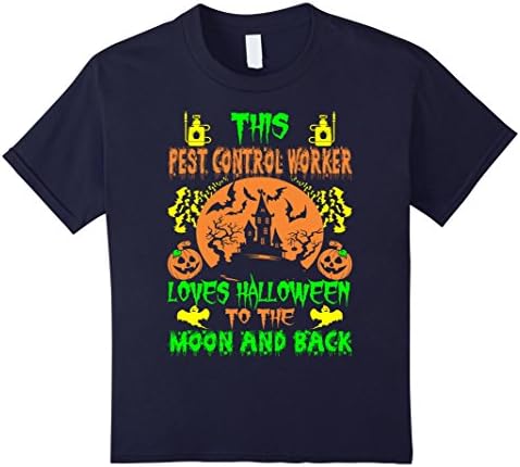 Kids Pest Control Worker Loves Halloween Moon And Back Tshirt 12 Navy