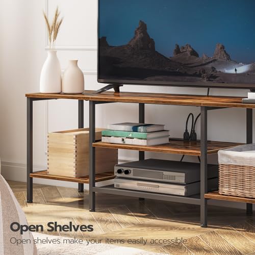 3 Tier TV Stand Table for Living Room, 140 cm TV Shelf for up to 40-65 Inch, TV Unit with Charging Station, Industrial TV Entertainment Center with Open Shelves for Bedroom, Rustic Brown EBF40KDS01