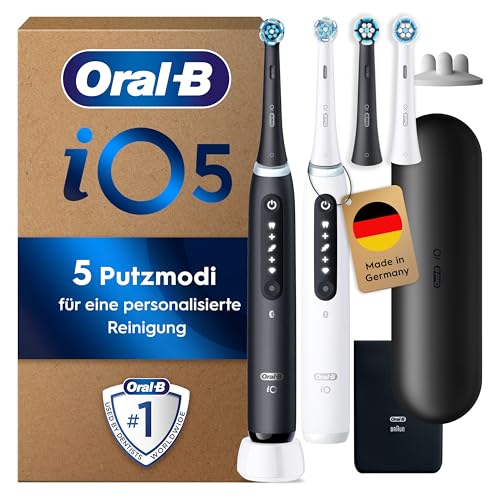 Oral-B iO Series 5 Plus Edition Elektrische Zahnbürste, Doppelpack — Electric Toothbrush, Inkl. 4 Aufsteckbürsten, 5 Putzmodi für Zahnpflege, Reise-Etui — Designed by Braun, Schwarz/Weiß thumbnail 1