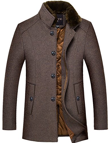 Insun Men's Rabbit Fur Collar Single Breated Wool Long Winter Jacket Coffee