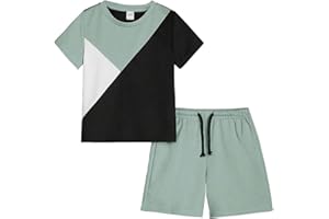 Ayzozuy Kid Young Boy Clothes Colorblock Top + Drawstring Waist Shorts 2 Pieces Summer Outfits Set