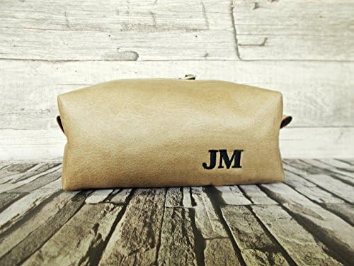 dopp kit, mens toiletry bag, makeup bag, gift for groomsmans, personalized shaving bag, travel, distressed vegan leather, beige cosmetic bag