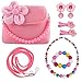 Oisee Little Girls Purse , Cute Kids Flower Handbag Set , Plush Bag with Necklace Bracelet Earring and Hair Clip，Sweet Girls Make Up Accessory-Pink
