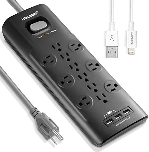 HOLSEM 12 Outlets Surge Protector Power Strip with 3 USB Charging Ports (5V/3.1A) and 6' Heavy Duty Extension Cord, Black, One HOLSEM USB Lightning Cable for iPhone, iPod, iPad