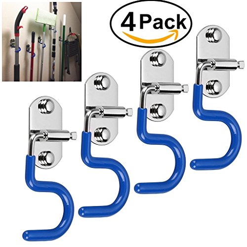 Heavy Duty Broom Mop Holder Organizer of 18/8 Stainless Steel, 4 Pack S-Type Space Saver Cleaning Tools Organizer Brooms Mops Rakes Mop Handle Holder for Kitchen Garage Bathroom (Wall Mounted - Blue)