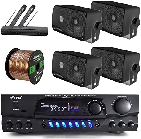 Pyle Bluetooth Digital Karakoe Receiver Amplifier Bundle Combo W/ 4X 3'' 3-Way Wall Mount Speakers (Black or White) + Wireless Handheld Dual Microphone System + Enrock 50 Ft 16g Speaker Wire