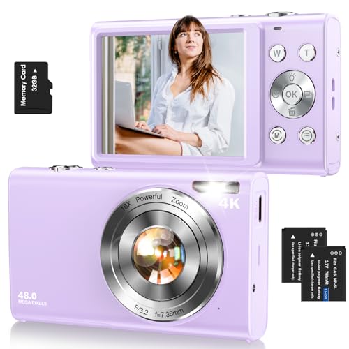 Digital Camera,Autofocus 4K Vlogging Camera for Photography with 32GB Card,48MP Portable Compact Point and Shoot Digital Camera for Teens Adult Beginner with 16X Zoom,Anti-Shake,2 Batteries(Purple)