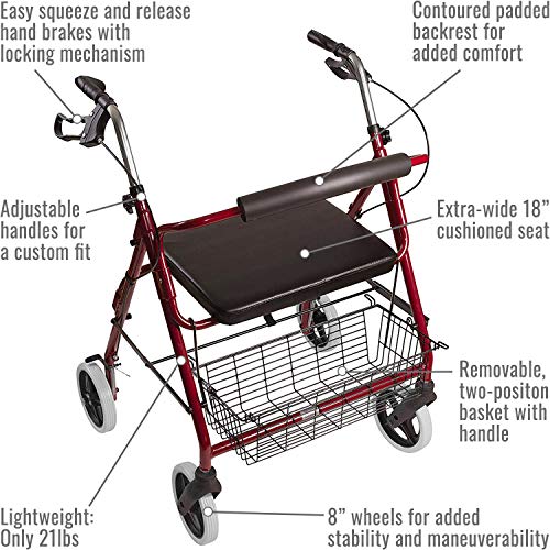 DMI Rollator Walker with Extra Wide Seat and Backrest, FSA HSA Eligible