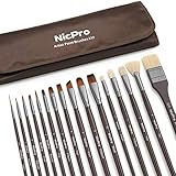 Nicpro Professional Paint Brushes for Acrylic Watercolor Oil Gouache Painting 16 PCS Art Brush Comb Long Handle Taklon & Hog Hair Round Filbert Angel Flat Brush with Carrying Travel Bag