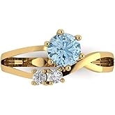 Clara Pucci 0.87 cttw Aquamarine 14K Yellow Gold Three-Stone Ring for Women - Cocktail Statement Fashion Jewelry Gift (6.0mm, Round Cut)