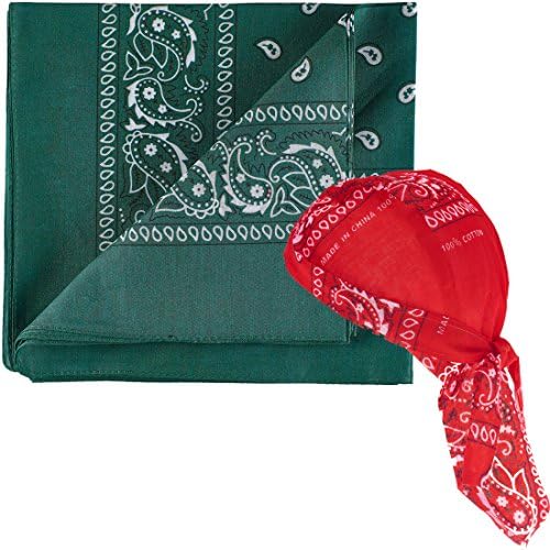 NJ Novelty - Hunter Green Paisley Bandanas One Dozen - Head Wrap Scarf with One Pre-tied Paisley Bandana Biker Du Rag Skull Cap