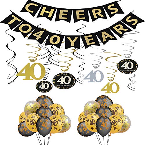 40th Birthday Party Decorations KIT - Cheers to 40 Years Banner, Sparkling Celebration 40 Hanging Swirls,Gold and Black Latex 40 Birthday Balloons, Perfect 40 Years Old Party Supplies 40th Anniversary Decorations