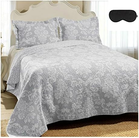 Twin Size 2 Piece Lightweight Reversible Light Gray Damask Pattern Quilt Set For Teen Girls Bedroom On Sale and 1 Premium Sleep Eye Mask