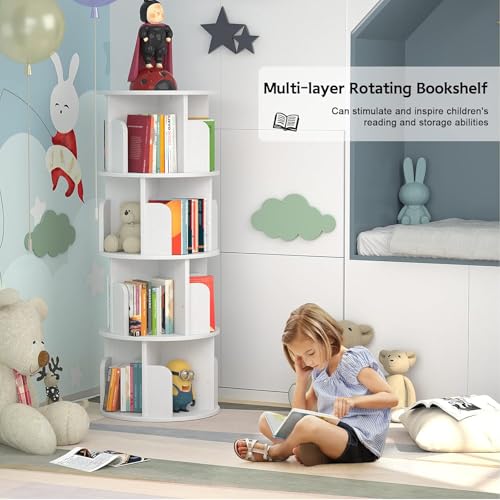 White Rotating Bookshelf, 360 Display Spinning Standing Bookcase Storage Rack, Wood Narrow Corner Book Shelf Organizer for Bedroom, Living Room, 4 Tier 40 * 40 * 126cm