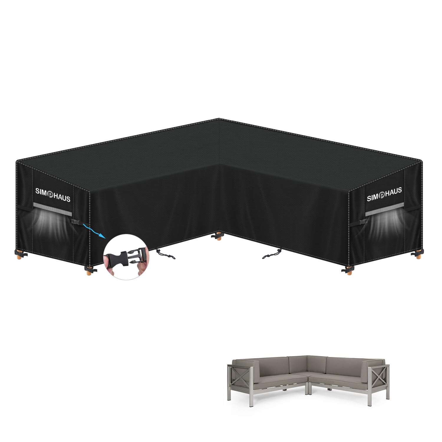 SIMPHAUS Patio Sofa Cover Garden V-Shape Furniture Covers Outdoor Covers for Garden Sofa Waterproof Windproof Outdoor Corner Cover Anti-UV 420D Oxford Fabric 235x235x90x80/60cm