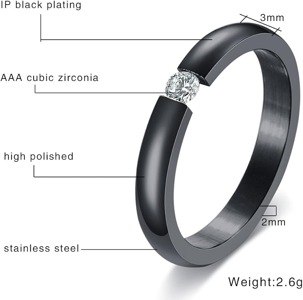 Amazon Rockyu ブランド リング レディース ステンレス ブラック 黒 指輪 一粒石 ダイアモンド ピカピカ 結婚指輪3mm幅 細い おしゃれ 可愛い ピンキーリング 12号 リング 通販