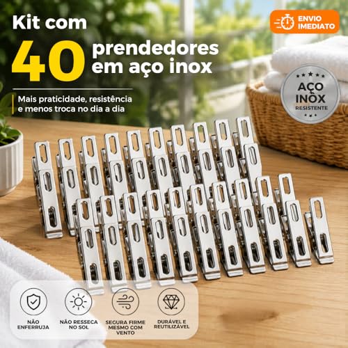 Kit 40 Prendedores de Roupa em Aço Inox Resistente - Pregador de Roupa Inox para Varal, Embalagens, Papelaria - Kit Prendedores Premium Duráveis, Fortes e Resistentes ao Sol e Vento - Amel (40)