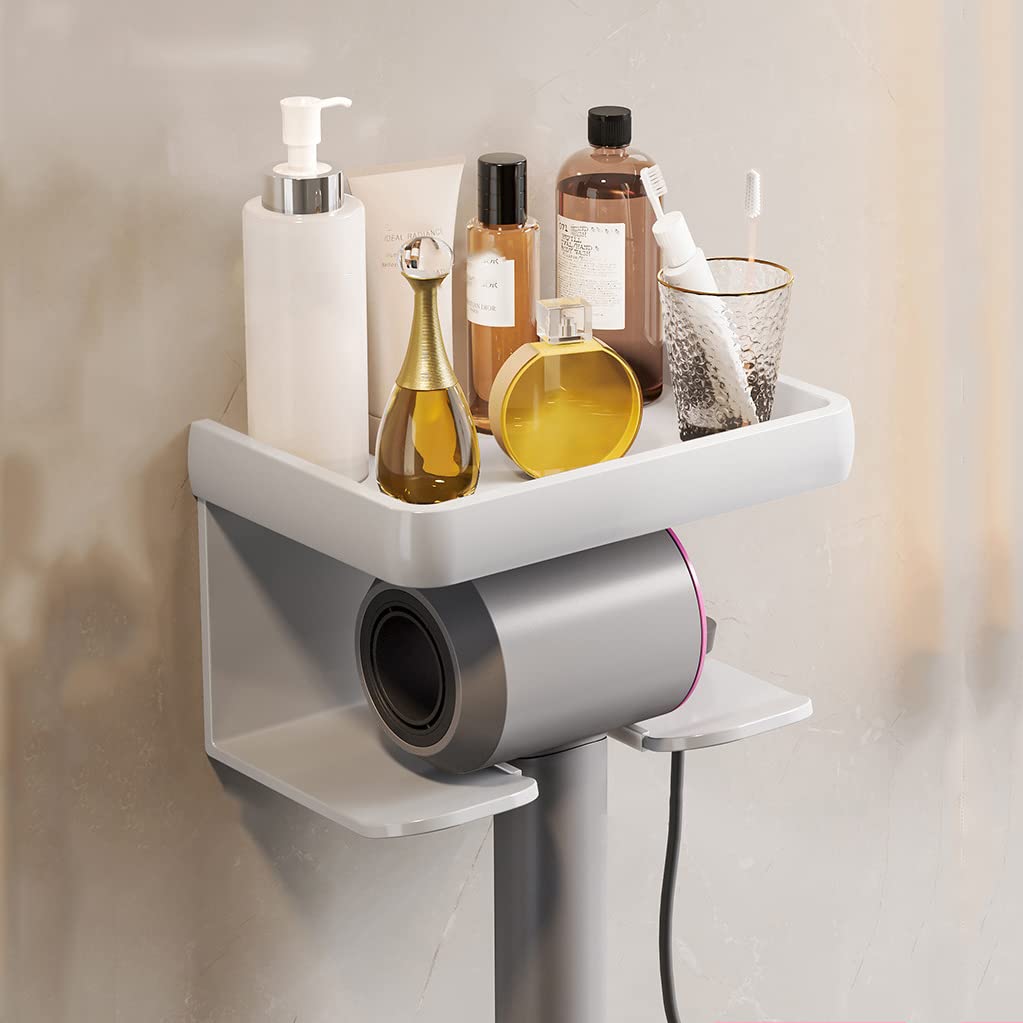 Hosoncovy 2 Tier Hair Dryer Wall Mount Holder Hair Dryer Wall Hanger Toiletries Wall Storage Toiletries Wall Shelf for Dyson Supersonic Hair Dryer,Universal for Hair Dryer (White)