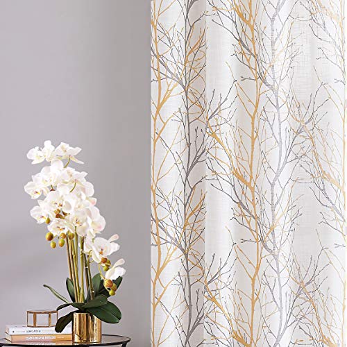 FMFUNCTEX Tree Print Yellow Grey and White Curtains for Living Room