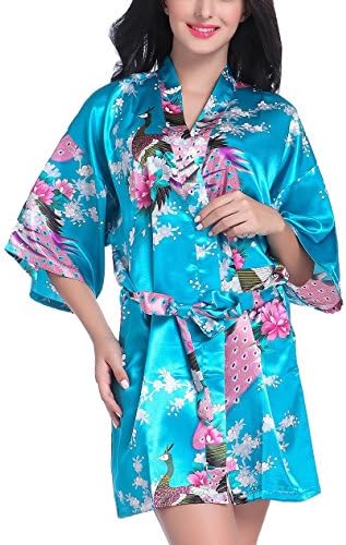 Admireme Women's Bridesmaid Robes Short Peacock Blossoms Kimono Robe Dressing Gown Floral Robes (M, Lake Blue)
