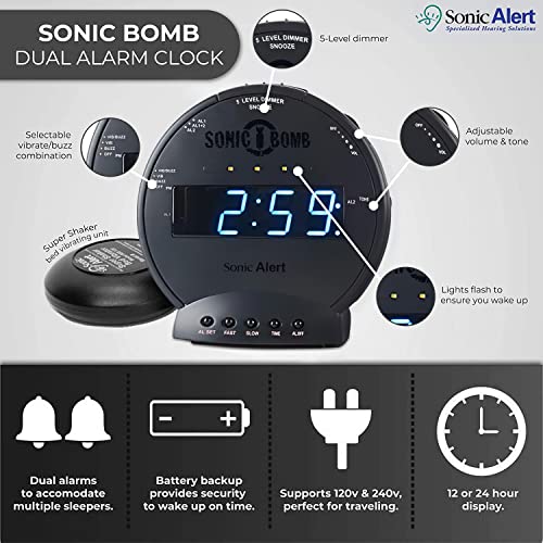 Sonic Alert Sonic Bomb Dual Alarm Clock with Bed Shaker, Black