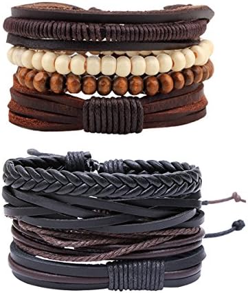 ORECO STEEL 8-12Pcs Leather Bracelets for Men Women Wooden Beaded Bracelets Braided Cuff