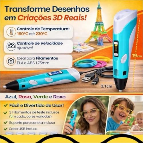 Caneta 3D com LCD, Inclui Filamentos Coloridos, Brinquedo Educativo | para Desenho e Criação Artística Para Adultos e Crianças, Cabo USB incluso - Produto Premium