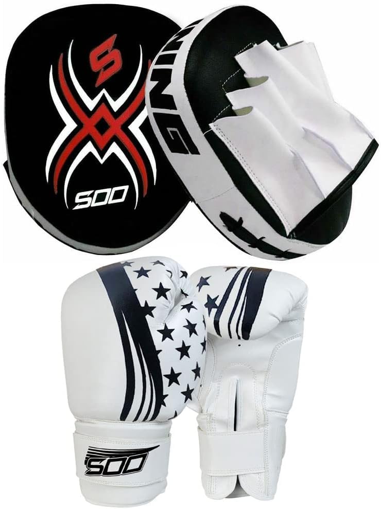 Kids Boxing sparing, Training Gloves & Punching pads Rex leather Kids/Junior Bag Gloves Fitness Boxing Set Hook & Jab Pads Focus Punch Target Strike Mitts (Black/W)